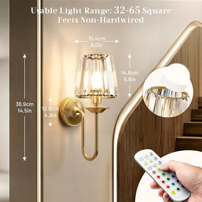 Brass Battery Operated Wall Sconces Set of Two, Crystal Wireless Rechargeable Wall Lights with Remote, Dimmable 3 CCT and 12 RGB Cordless Wall Lamps for Bedroom Living Room Hallway Decor