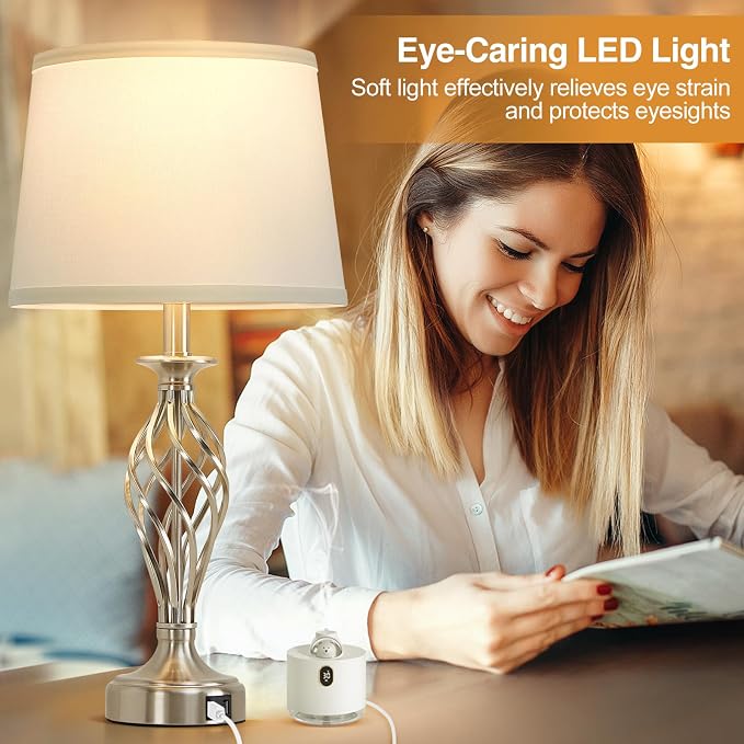 Table Lamp for Bedroom Set of 2 with USB C+A Ports, Modern Bedside Lamps with Spiral Cage Base, White Fabric Shade, Nightstand Lamp for Living Room Reading Bed Side End Table, 2 LED Bulbs Included