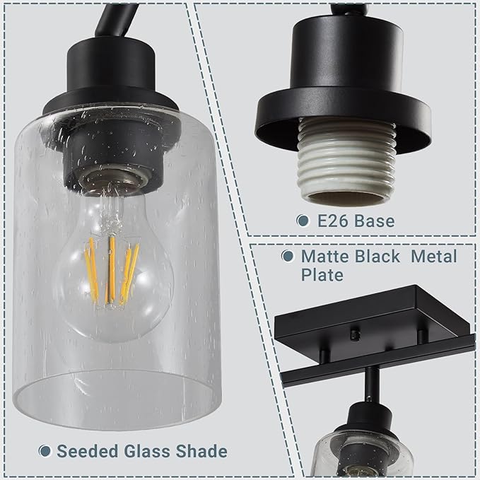 LOUSACE 3 Light Track Lighting Fixtures Ceiling with Rotatable E26 Heads, Bathroom Vanity Light Ceiling with Seeded Glass Shade, Kitchen Light Fixtures Over Sink for Kitchen Island Dining Room