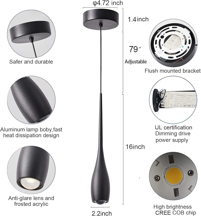 Black Pendant Light for Kitchen Island, LED Dimmable Pendant Light fixtures, Small Modern Industrial Hanging Pendant Light for Over Sink, Bar, Dining Room, Bedside（1-Pack）