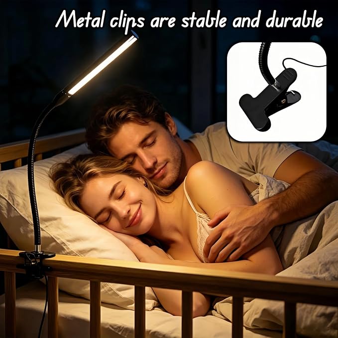 BUBBLE-FLY LED Clip on Reading Light, USB Desk Lamp with 32 LED Eye Protection, 360° Flexible Arm, Dimmable Clamp Light for Bed Headboard Home Office Study 7W Black