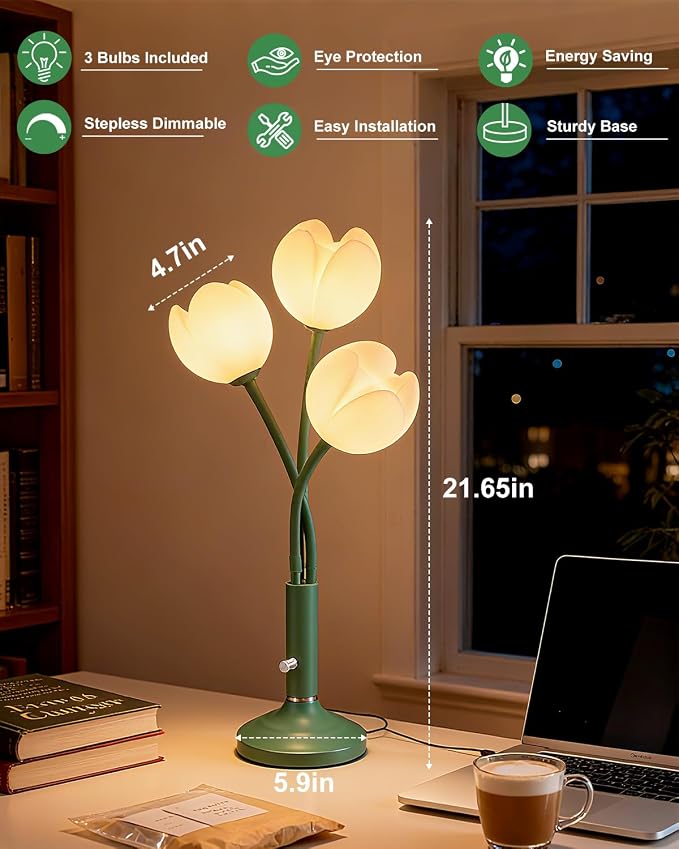 Green Flower Table Lamp Dimmable G9 Bulbs Included Gift for Nursery | Nightstand Cute Desk Lamp with Flexible Gooseneck Arms Warmwhite Ambient Bedside Lamps for Living Room Bedroom Home Decor
