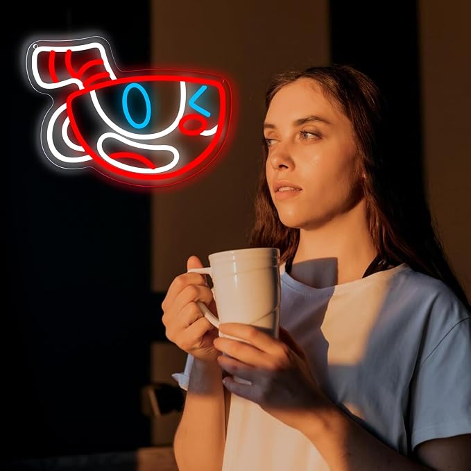 Cuphead Anime Neon Signs for Wall Decor,Dimmable Figure Mugman Game Sign,USB Powered Neon Light Signs for Man Cave Kids Room Bedroom Bar Birthday Gifts(13.4 * 8.7in)