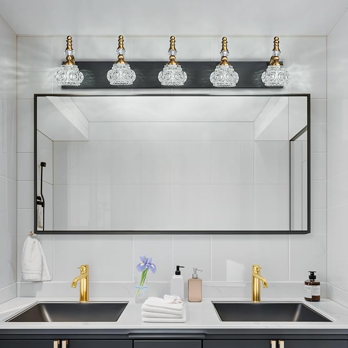Modern Glass Crystal Vanity Light - Vintage Bathroom Lighting Fixtures Over Mirror, 5 Light Vanity Lights G9 Bulb (35.43 Inch, Black Gold)