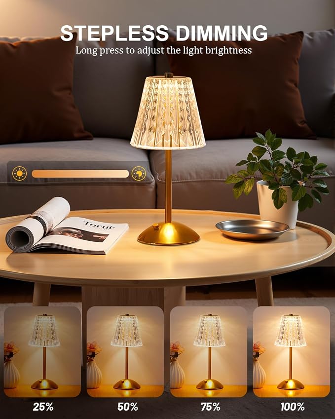 Nusogon 4 Pack Rechargeable Cordless Table Lamp, Touch Control Desk Lamp | 3 Color Dimmable LED Gold Small Lamp for Bedroom Bedside Restaurant Kitchen Home Decor