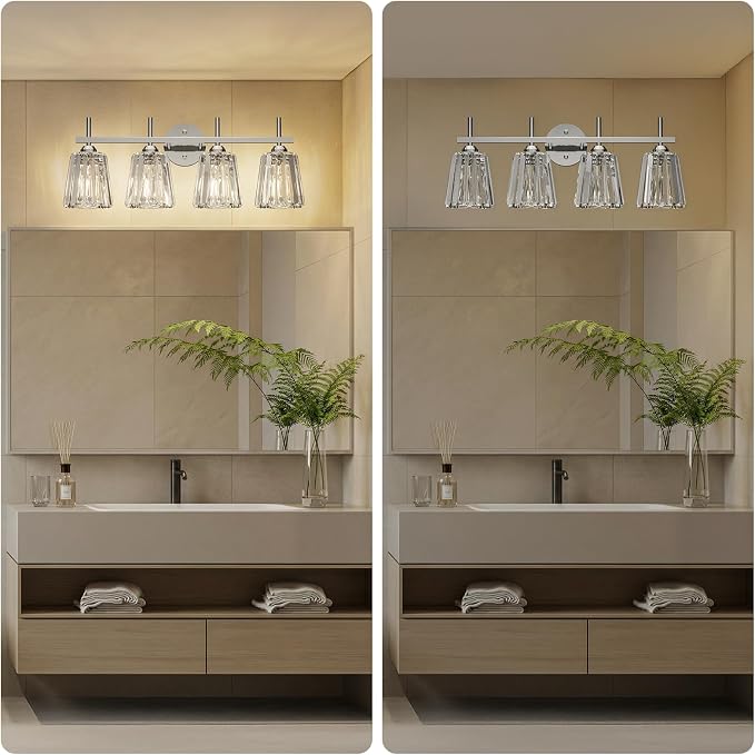Crystal Bathroom Light Fixtures Over Mirror, Chrome 4-Light Bathroom Vanity Lights Over Mirror Modern Wall Lighting Sconces with Ceramic E26 Base (Bulbs Not Include)