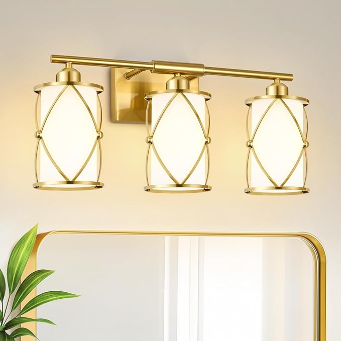 3-Light Brushed Gold Bathroom Light Fixtures with Milk Frosted Glass, 21" Modern Bathroom Vanity Lighting Fixtures Over Mirror with Metal Cage, Wall Sconce Lights for Bath, E26, CH9176BGW-3W