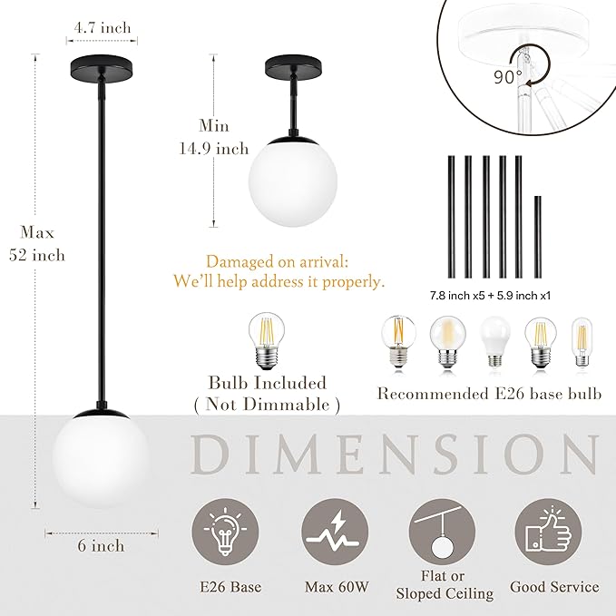 6" Globe Pendant Light Black 2 Pack Mid Century Pendant Light Globe Pendant Lights Kitchen Island Matte Black Finished with Milk Glass Adjustable Ceiling Light Fixtures for Dining Room Bar