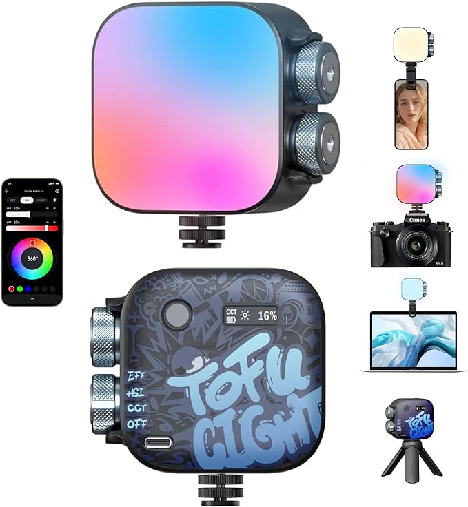 PHOTOOLEX RGB Video Light, Magnetic Small LED Panel Selfie Light w Cold Shoe Mount & Clip & Mini Tripod, 360° Full Color/CRI 96+/21 Scenes/2500-9900K/2000mAh, Portable Recording Photography Lighting