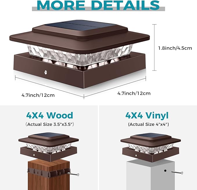 kolpop 4x4 Solar Post Cap Lights Outdoor 16Pack- 3 Color Temperatures&2 Level Brightness, IP65 Waterproof, 16 LED Fence Deck Post Light Solar Powered Only for 4×4/3.5×3.5 Wood/Vinyl Posts(Brown)