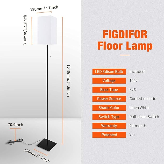 Modern Floor Lamp for Living Room, Tall Black Floor Lamp with Square Linen Shade, Pull Chain Switch and Stable Metal Base, Standing Lamp for Bedroom, Reading Nook and Office, Bulb Included