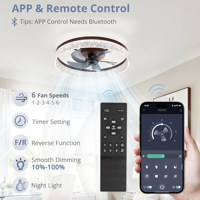 LEDIARY 22" Ceiling Fans with Lights and Remote, Fandelier Brown | 3CCT, 6 Speeds, Dimmable Low Profile, Flush Mount Ceiling Fan, Timer, Reversible, Memory, Bedroom, Living Room, Kitchen