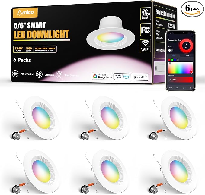 Amico 6 Pack 5/6 Inch Smart WiFi LED Recessed Can Lights, IC & ETL | 12W=110W 1100LM, RGBCW Color Changing Retrofit Recessed Lighting, Baffle Trim, APP Control, Dimmer Compatible