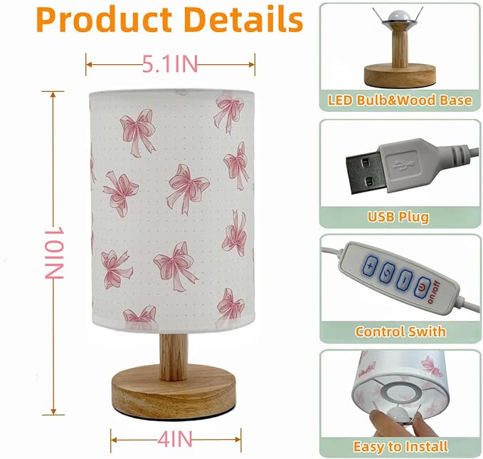 Pink Bow Bedside Table Lamp for Bedroom,Kids Room Decorative Lights 3 Colors Dimmable Nightstand Night Light with Flaxen Fabric Shade Desk Lamp for Girls Boys Birthday Gifts for Home Living room Decor