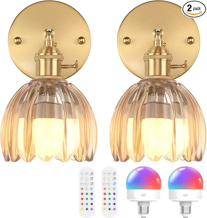 Shenmoyl Vintage Battery Operated Wall Sconce with Amber Tulip Glass Lampshade Rechargeable Battery Powered Wall Light with Remote Control for Bedside Bedroom Doorway, Set of 2