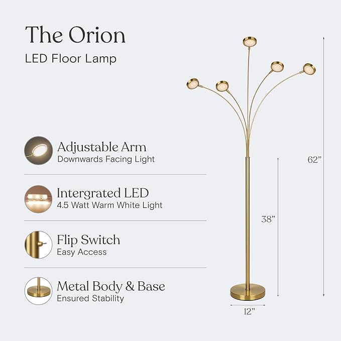 Brightech Orion Arc Floor Lamp for Living Room, Tree Floor Lamp with 5 Adjustable Arms, Multi-Head Standing Lamp with Flexible Rotating LED Lights for Bedroom, Dorm - Bright Hanging Lighting - Brass