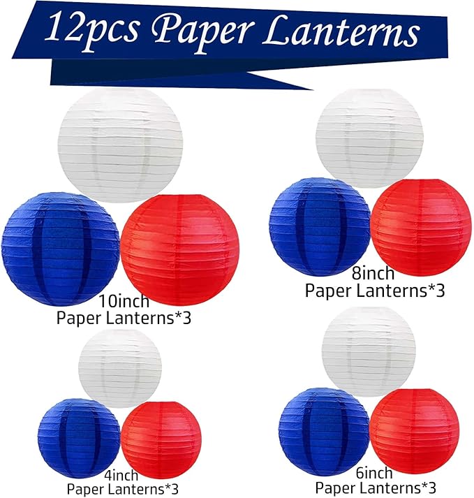 Red -White and Blue Paper Lanterns 12Pcs Hanging Lanterns for Birthday Party, Wedding, Home Decor, Baby Shower Festive Decoration