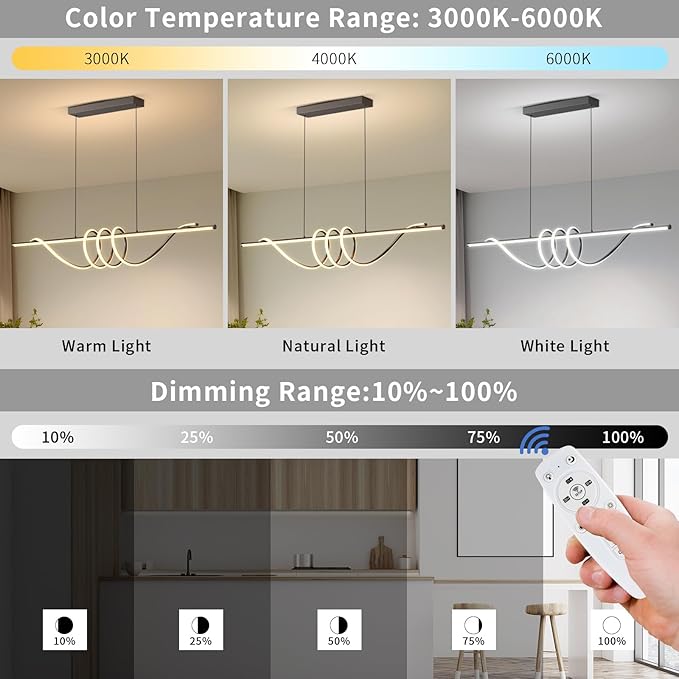 Modern LED Pendant Lights, Ceiling Chandelier Dimmable with Remote Control 3000k-6000K Adjustable Color Temperature, Aluminum Island Lighting Lamp Fixture for Kitchen, Dining Room(57in Black)