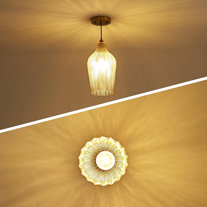Amber Glass Pendant Lights Kitchen Island Gold Hanging Ceiling Light 6.7" | 1 Pack, Adjustable height, Dimmable, E26 bulbs, Rust-resistant Damp Rated For Bathrooms, 5-Year Warranty, UL Certification