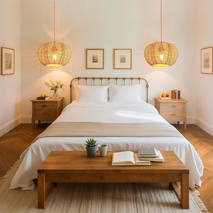 Hanging Light Fixture with Plug in Cord with on Off Switch, Rattan Pendant Lights Boho Lamp Ceiling Light, Plug in Pendant Light Hanging Lamp Shades for Living Room Decor Bedroom Kitchen
