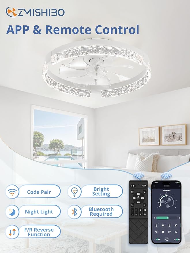 ZMISHIBO Ceiling Fans with Lights and Remote, 18 Inch Flush Mount Fan Light, 6 Speeds, 3CCT, Dimmable, Low Profile Ceiling Fan, Modern Ceiling Fan with Light for Bedroom and Living Room, White | 3CCT Dimmable LED, DC Motor, Bladeless, Reversible Blade,...