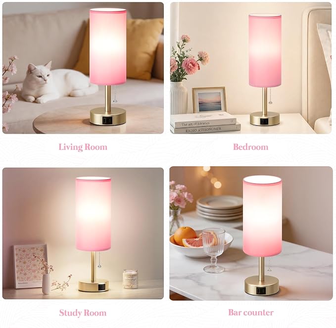 Pink Bedside Table Lamp for Bedroom - Small Nightstand Lamp for Girls | 3 Color Temp, USB A+C Ports, LED Bulb Included, Soft Pink Fabric Shade, Mocha Gold Metal Base, 14" Desk Lamp for Kids Dorm