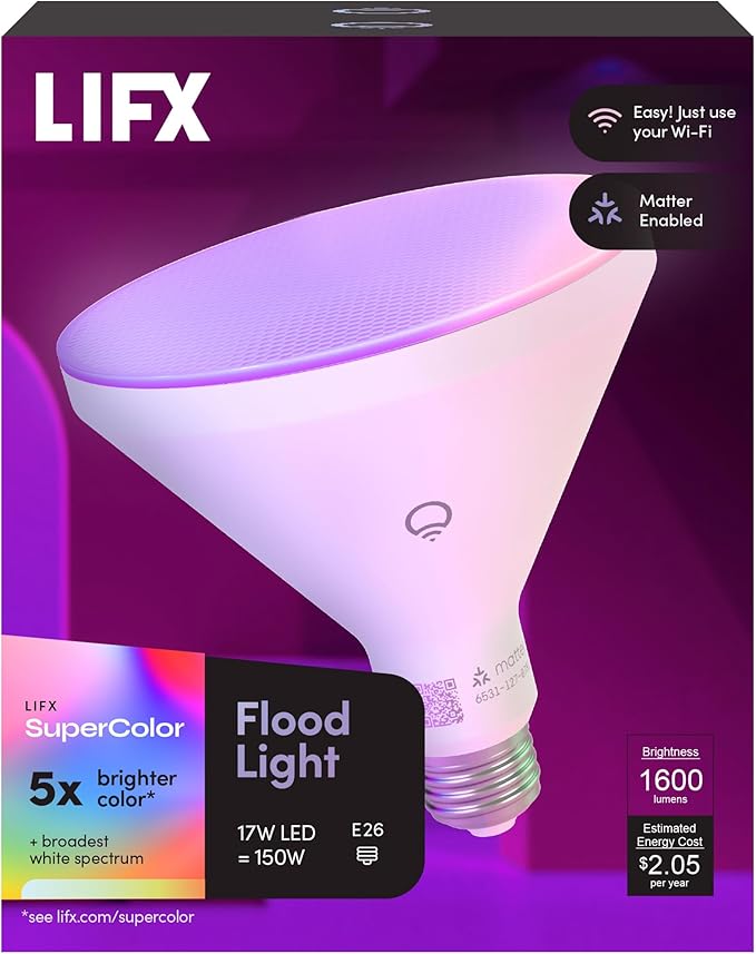 LIFX Color PAR38 Smart LED Bulb, 1600 Lumens, Indoor/Outdoor Can & Flood Light, Millions of Colors + Tunable White, IP65 Weatherproof, Wi-Fi, Works with Alexa, Google Home & Siri, LFXPAR381600RGBW