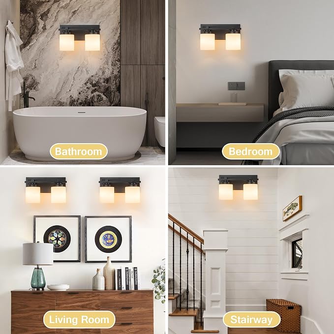 Modern Bathroom Light Fixtures Over Mirror, Vanity Lights for Bathroom Wall Sconces with Milky White Glass Shades, E26 Socket (Bulbs Not Included), 2 Light, Black