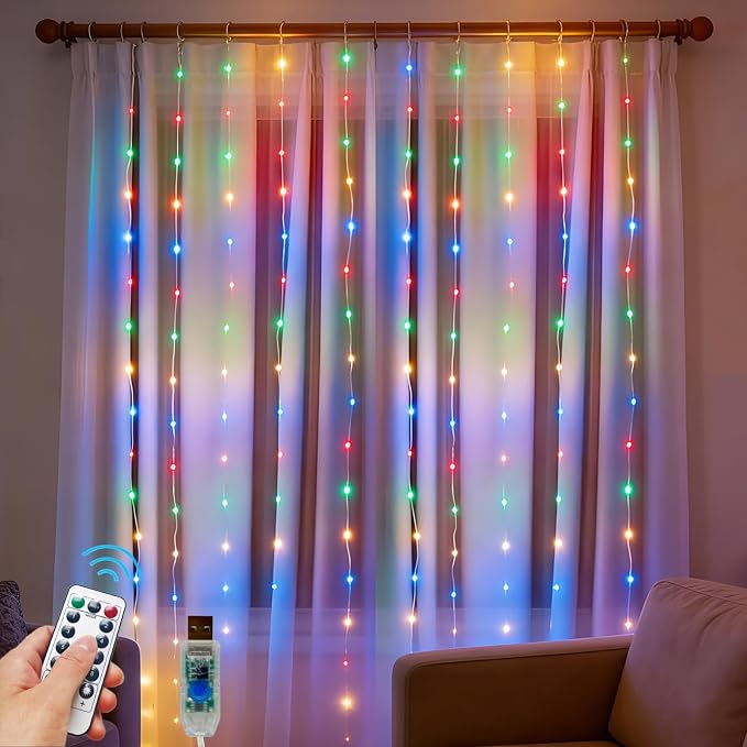 Fairy Curtain Lights Upgraded Tangle-Free Multicolor USB Plug in 8 Modes String Hanging Lights with Remote for Christmas, Bedroom, Indoor, Outdoor, Weddings, Party (6.6FTx6.6FT)