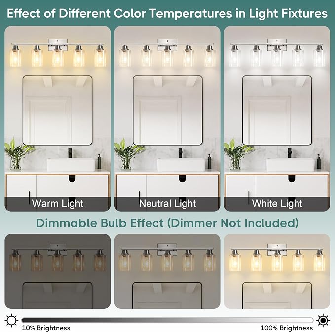 Ascher Bathroom Light Fixtures, 5-Light Vanity Light Over Mirror, Brushed Nickel Wall Sconces with Clear Glass Shades, Wall Lamp for Living Room Bedroom, E26 Base(Bulbs Not Included)