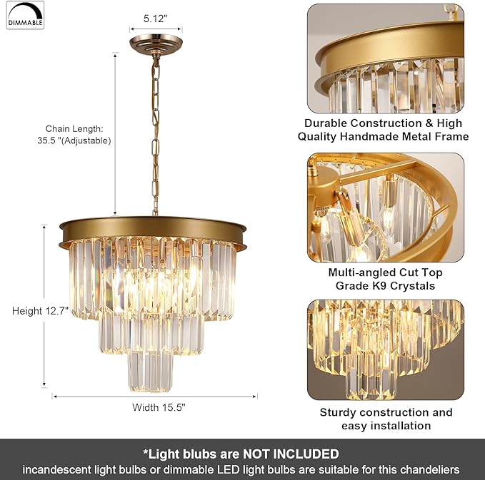 AXILIXI Gold Crystal Chandeliers 16” Modern Ceiling Pendant Light Fixture for Dining Room Dimmable Small Flush Mount Chandeliers Round for Foyer Kitchen Island Entryway