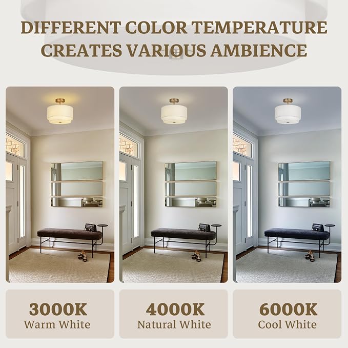 Vexagyle Gold Light Fixtures Ceiling Mount,12.6'' Semi Flush Mount Ceiling Light Fixtures,Nursery Light Fixture with 2-Layer White Shade,Modern Drum Ceiling Lights for Bedroom,Living Room,Hallway
