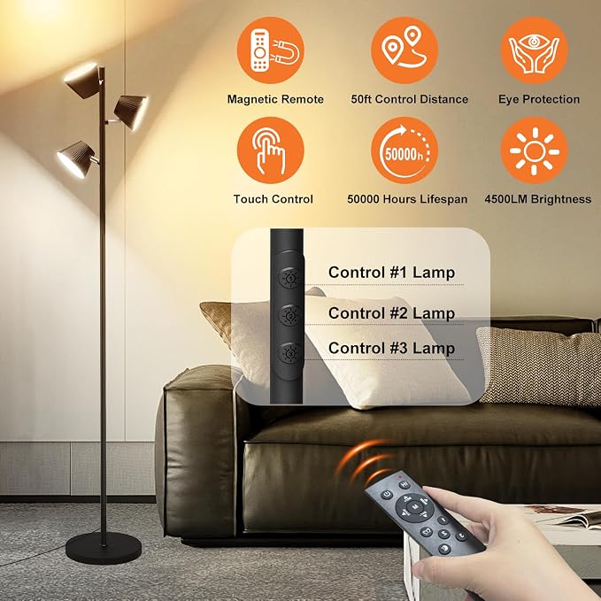 LED Tree Floor Lamp, 42W 4500lm Dimmable Standing Lamp with Remote & Touch Control, Modern Super Bright 3 Rotatable LED Light Floor Lamps for Living Room, Bedroom, Office, Reading Room