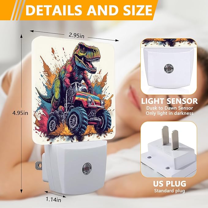 Dinosaur Monster Truck Night Light, Plug-into Cool Vehicle Cars Nightlight White LED Lamp, Energy Efficient Decor Desk Lamp for Bedroom Hallway Stairs Bathroom