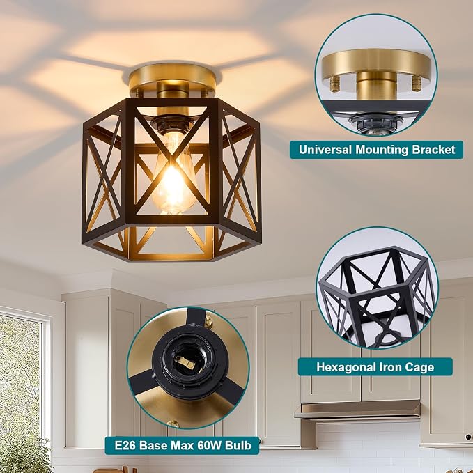 XSDeTu Black Gold Flush Mount Ceiling Light Fixtures, Farmhouse Ceiling Lights with Hexagonal Metal Cage, Modern Close to Ceiling Lamp, Small Chandelier for Kitchen Hallway Porch Bedroom, 2 Pack