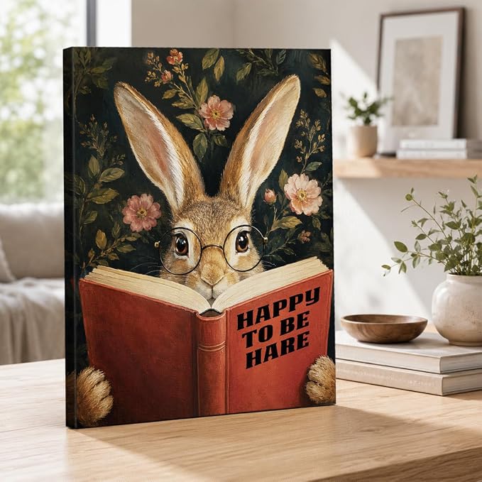 NSFBESSLIA Funny Reading Hare Painting, Whimsical Vintage Animal Decor, Happy To Be Hare, Humorous Wall Art for Living Room Bedroom Entryway, 8x10 Inch