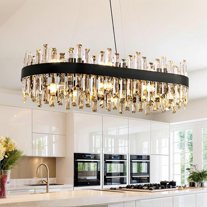 Siljoy Modern Crystal Chandelier, 16-Light Black Rectangular 2-Tiers K9 Crystal Raindrop Chandelier, Farmhouse Crystal Ceiling Light Fixture for Living Dining Room Kitchen Island L35.4 Inch