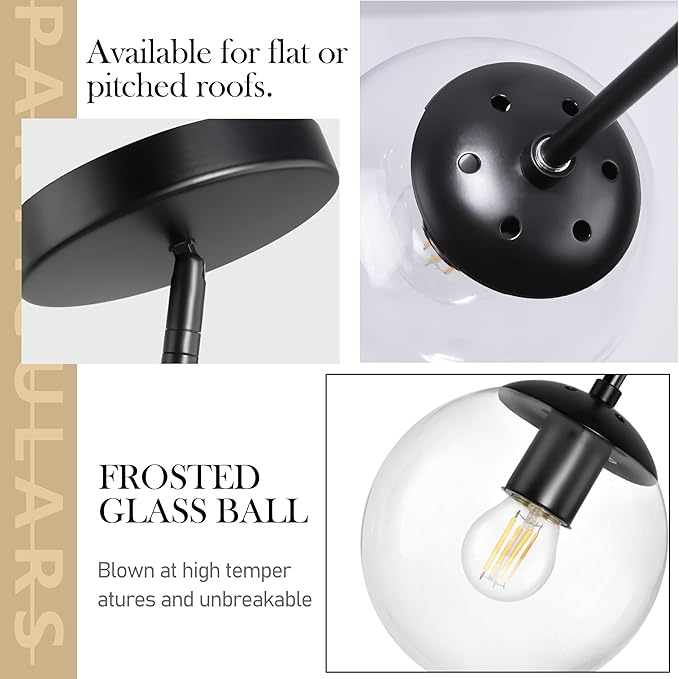 6" Globe Pendant Light Black 2 Pack Mid Century Pendant Light Globe Pendant Lights Kitchen Island Matte Black Finished with Clear Glass Adjustable Ceiling Light Fixtures for Dining Room Bar