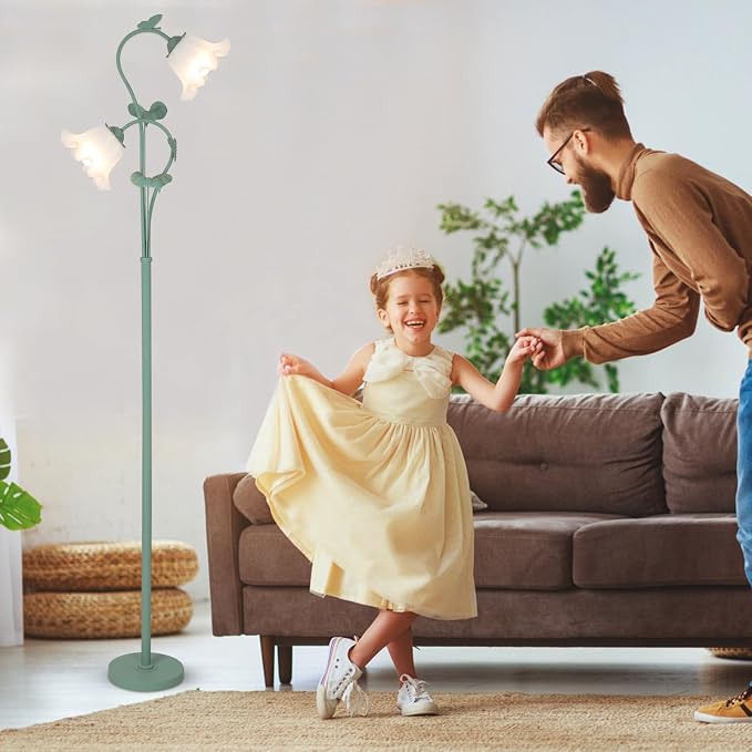 HMVPL Flower Floor Lamp for Living Room, Vintage Floor Lamp with 2 LED 5W Blubs, Foot Switch, Green Standing Lamp with Acrylic Shade, Unique Floral Tall Lamp for Living Room Bedroom Corner Office
