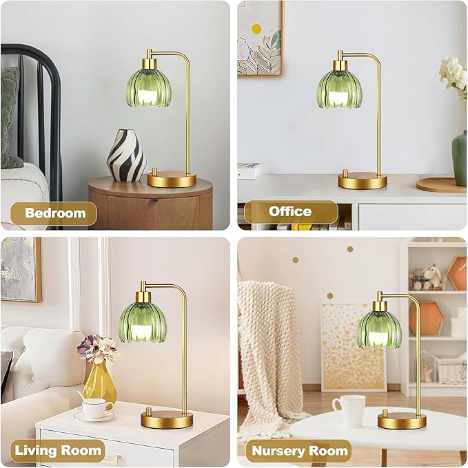 ILLMTW Green Table Lamp Set of 2,Small Glass Bedside Lamps Dimmable Boho Bedroom Lamp with Tulip Flower Lamp Shade,Gold Vintage Mid Century Modern Mini Nightstand Lamp for Bedroom Living Room