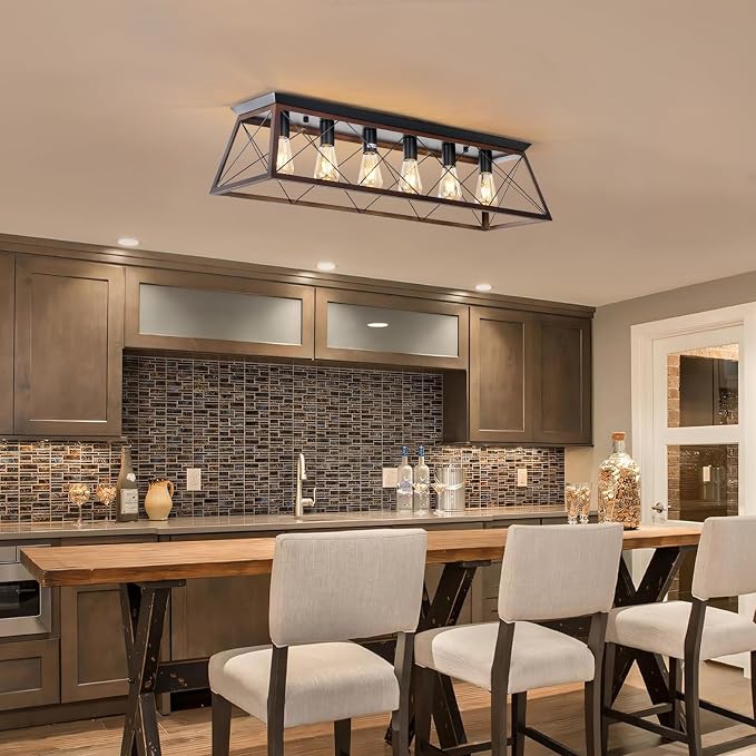 38" Large Brushed Bronze Flush Mount Ceiling Light for Kitchen | Vintage Industrial Kitchen Ceiling Light Fixtures with X-Shaped Metal Cage, 6-Light Farmhouse Large Flush Ceiling Lighting