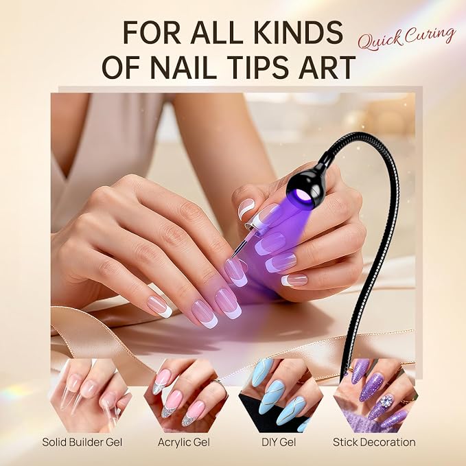 AORAEM 3W LED Nail Lamp with Clamp and Flexible Gooseneck for Gel Nails | Includes UV Protection Gloves for Gel Polish Curing, Salon and Home DIY