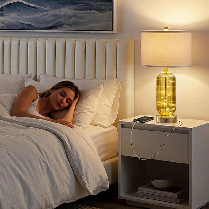 24.5" Bedside Table Lamps Set of 2, Amber Glass Nightstand Lamps with USB A+C Charging Ports and Night Light, Gold Modern Lamps for Bedroom, Living Room, End Table (2 Bulbs Included)