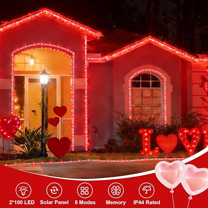 QITONG Red Solar Rope Lights Outdoor, 2 Pack Each 33ft 100 LED String Light, 8 Modes Fairy Lights in Clear Thin Tube with 8 Modes