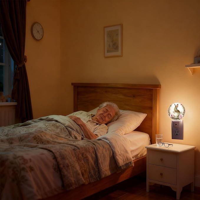 Mugod Rabbit Plug-in Nightlights Vintage Teacup Bunny and Roses Night Light Plug into Wall with Dusk-to-Dawn Sensor LED Lighting 0.5W Sleep-Friendly