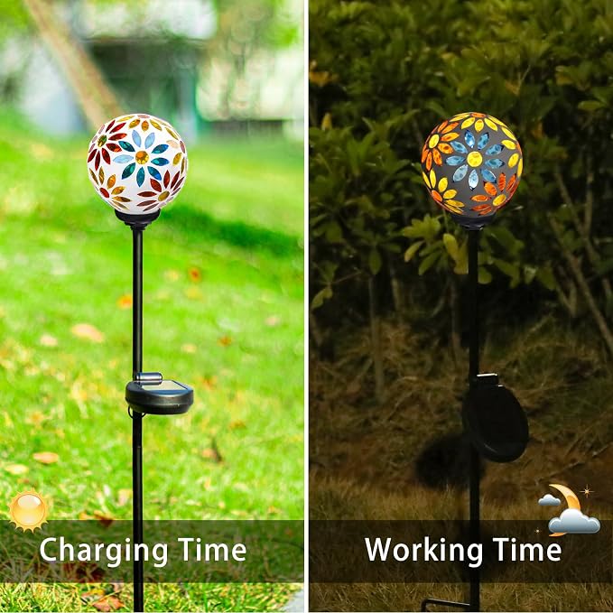 VCUTEKA Decorative Solar Garden Lights, 3.5" Mosaic Globe Outdoor Stake | Mosaic Glass Globe Design, Solar LED Light, Waterproof Design, Auto On/Off and Metal Stake Design for Lawn and Patio