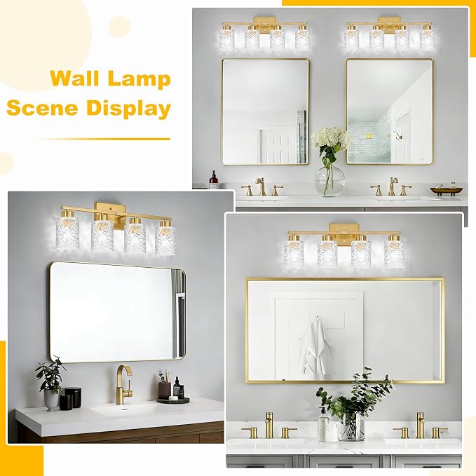 4-Light Bathroom Light Fixtures, Brushed Gold Vanity Lights Over Mirror | Wall Sconces with Clear Textured Glass Shades for Living Room Bedroom Hallway,E26 Base (Bulbs Not Included)