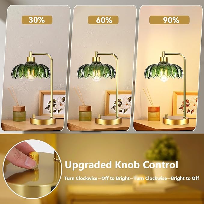 ILLMTW Glass Table Lamp Set of 2,Small Gold Bedside Lamps Dimmable Boho Bedroom Lamp with Tulip Flower Green Lamp Shade,Vintage Mid Century Modern Mini Nightstand Lamp for Bedroom Living Room