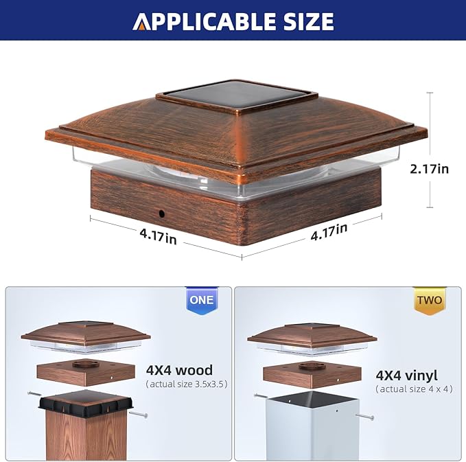 APONUO Solar Post Cap Lights - 8 Pack Outdoor Waterproof for 4x4, 5x5, 6x6 Posts, 2 Modes Warm/Cool Light, Solar Powered Fence/Deck/Patio Decor, Brushed Copper