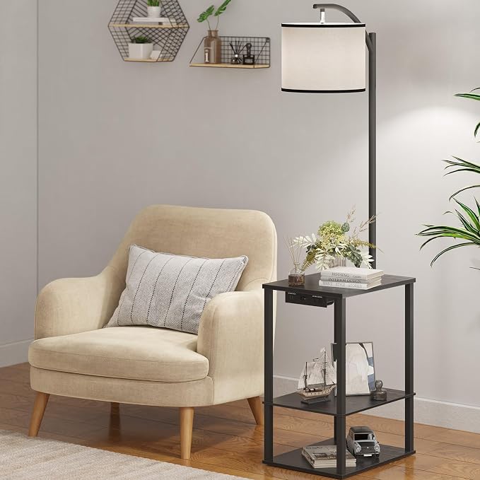 SUNMORY Floor Lamp with Table Shelves, End Side Table for Living Room | USB & AC Charging Stations, 3 Color Temperature 9W LED Bulb, Adjustable Shade, Modern Nightstand Lamps for Bedroom Office